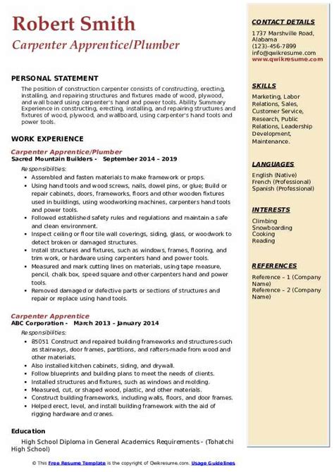 Carpenter Apprentice Resume Samples | QwikResume