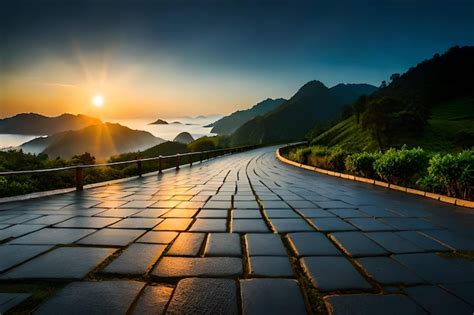 Premium AI Image | a road with a view of the sunset