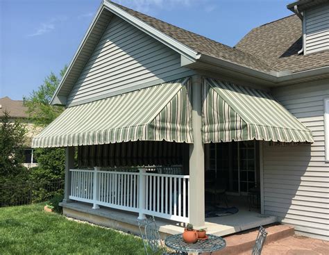 Green striped porch awnings with a drop curtain | Kreider's Canvas Service, Inc.