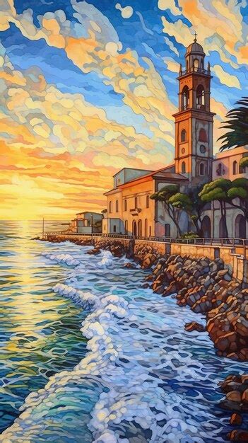 Premium AI Image | A painting of a beach scene with a church in the foreground and the sea in ...