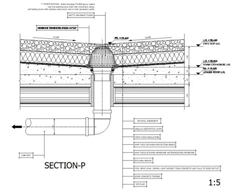 Roof level drain location section detail dwg file - Cadbull