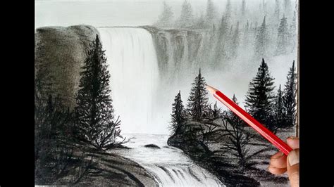 Waterfall Beautiful Scenery Drawing With Pencil ...