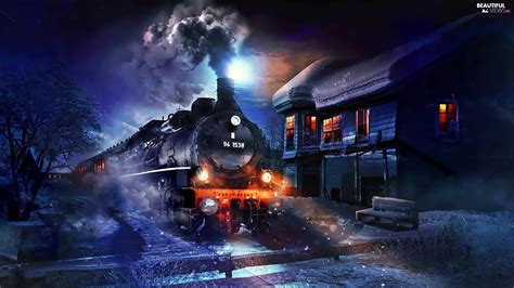 winter, Train, station, Night - Beautiful views wallpapers: 1920x1080