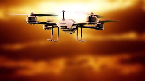 Drone white color flying at sunrise animation. move away from the camera. 3D Render. 8843646 ...