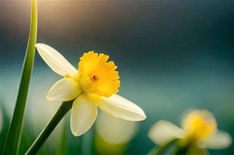 Premium Photo | A yellow daffodil with a yellow center and a blue background