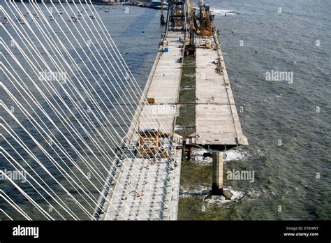 View of under construction Bandra Worli sea link is 8 lane twin carriageway cable stayed bridge ...