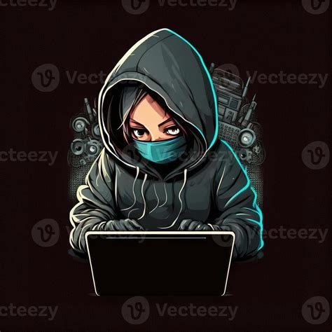 Cute girl hacker with laptop. Avatar in cartoon style. Balck backdrop ...