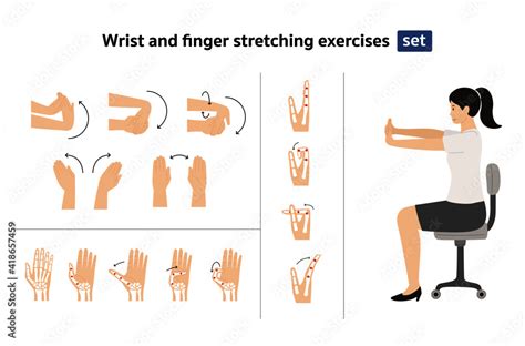 wrist and finger stretching exercises set, woman sit on chair doing self stretching exercise ...