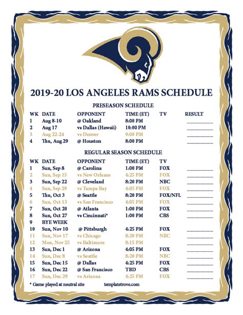 Printable 2019-2020 Los Angeles Rams Schedule