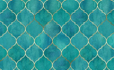 Turquoise Blue Watercolor with Vintage Golden Moroccan Pattern for Walls, Turquoise and Orange ...