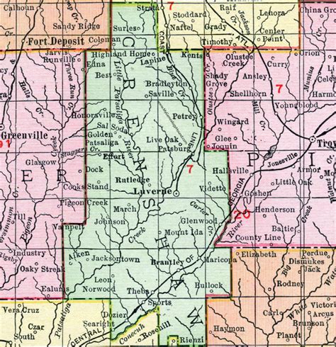 Crenshaw County, Alabama, Map, 1911, Luverne, Brantley, Rutledge