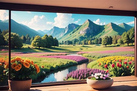 Premium AI Image | A window with a view of a valley and mountains