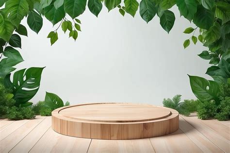 Premium AI Image | Wood product display podium with nature green leaves for presentation design