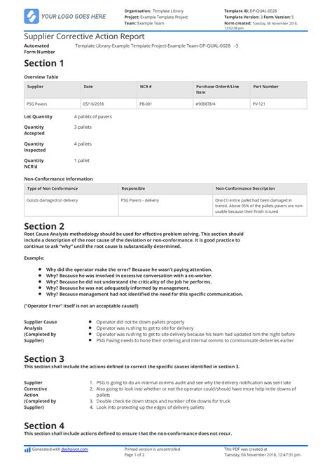 Supplier Corrective Action Report Template and Example