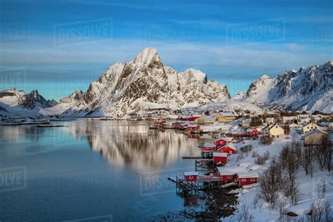 Reine fishing village in winter, Reinefjord, Moskenesoya, Lofoten, Arctic, Norway, Europe ...