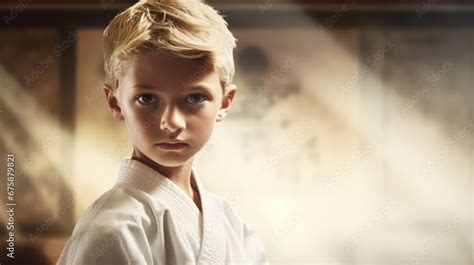 Generative AI image of a copy space banner, a photo of young karateka ...