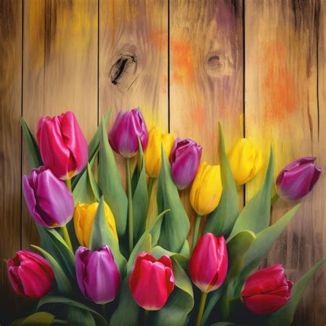 Premium AI Image | A painting of tulips with yellow, pink, and purple ...