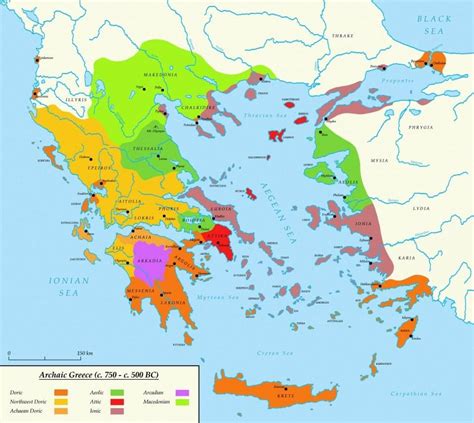 Ancient Greece map in the Aegean area - a map of influence of Doric, Ionian, Aeolian elements ...