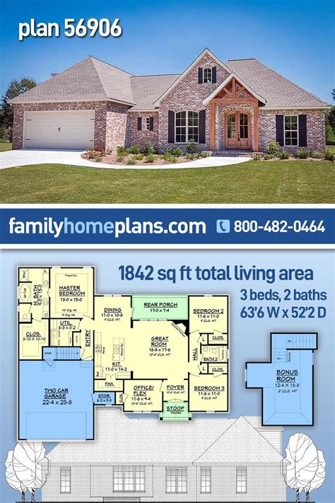 French Country, Traditional House Plan 56906 with 3 Beds, 2 Baths, 2 Car Garage Brick House ...