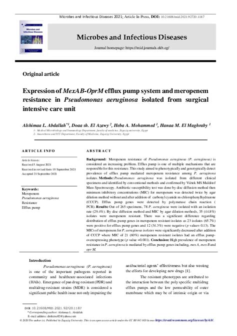 (PDF) Expression of Mex AB-Opr M efflux pump system and meropenem resistance in Pseudomonas ...