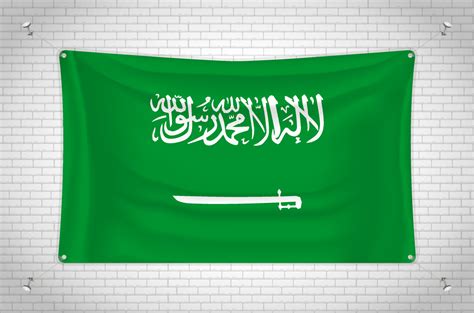 Saudi Arabia flag hanging on brick wall. 3D drawing. Flag attached to ...