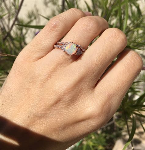 Natural Opal Bridal 2 Ring Set- Genuine Opal Engagement 2 Rings-Round ...