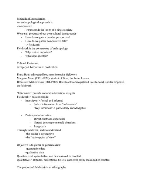 Cultural Anthropology Lecture 3 - Methods of Investigation An ...