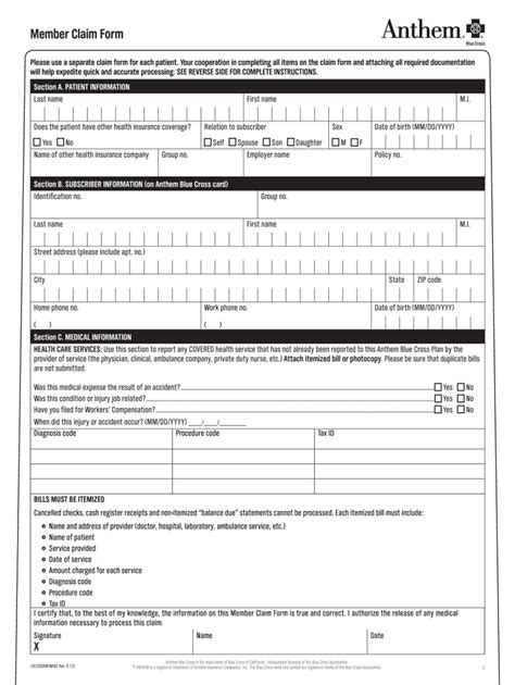 Anthem Blue Cross Claim Form Fillable - Printable Forms Free Online