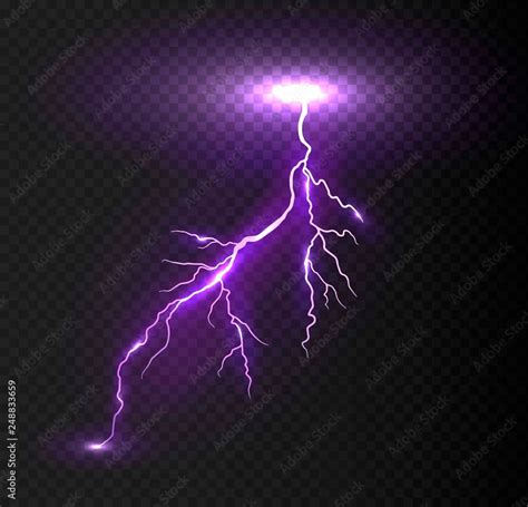 Realistic vector violet lightning on checkered background. Bright ...