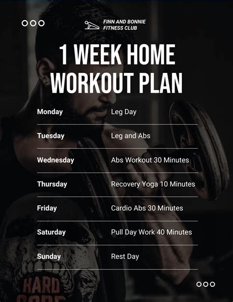 Black Minimalist 1-Week Home Workout Gym Schedule Template - Venngage