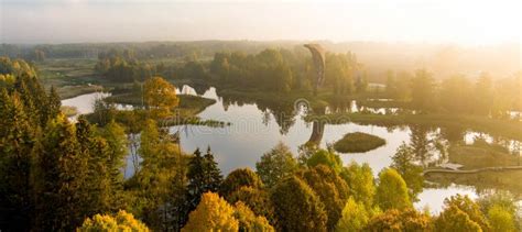 Amazing Aerial View of Kirkilai Karst Lakes and Lookout Tower in the Bright Sunny Autumn Morning ...