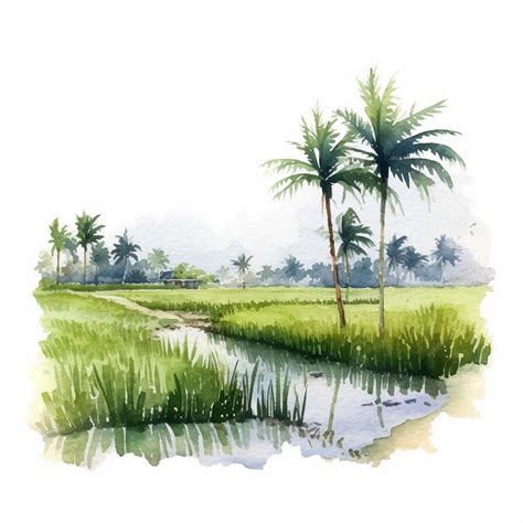 Premium Photo | Watercolor painting of rice fields