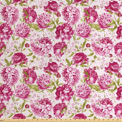 Flowers Fabric by The Yard, Floral Theme Vintage Pink Peonies and Leaves Spring Nature Pattern ...