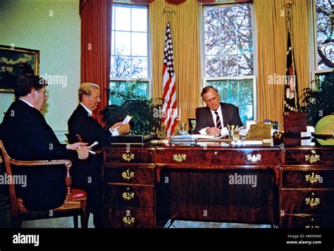 United States President George H.W. Bush, right, meets White House Stock Photo, Royalty Free ...