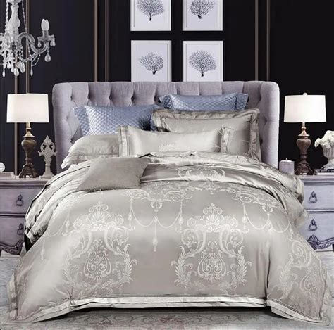 Silver Gray Jacquard Satin Bedding Set 4/6pcs Bedclothes Bed Set Silk ...