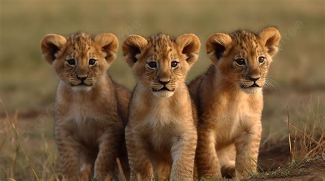 Three Lion Cubs Standing In The Field Background, Lion Cubs Picture, Lion, Africa Background ...