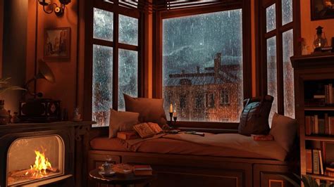 Cozy Reading Nook Ambience - Rain on Window & Thunder Sounds | Warm Fireplace - YouTube