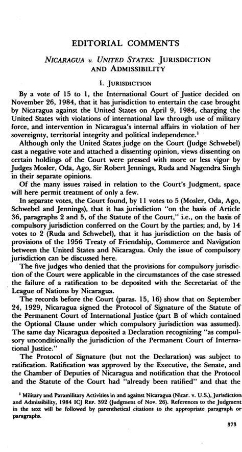 Nicaragua v. United States: Jurisdiction and Admissibility | American Journal of International ...