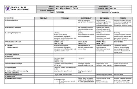 DLL English 6 Q1 W1 - GRADES 1 to 12 DAILY LESSON LOG School: Igbucagay Elementary School Grade ...