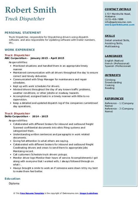 Truck Dispatcher Resume Samples | QwikResume