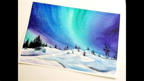 Winter Landscape Northern Lights Watercolor Painting - YouTube