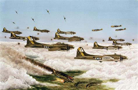 B-17s in "the Box", under attack from the Luftwaffe. Painted by J.B. Deneen. : r/BattlePaintings