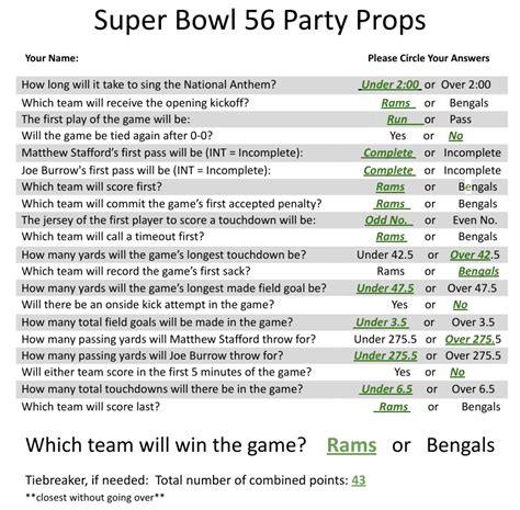 Super Bowl 56 Party Props Sheet