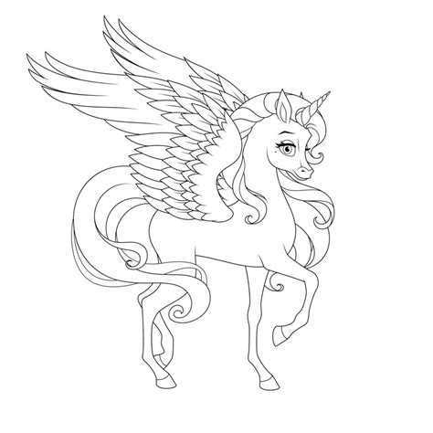 Beautiful unicorn with wings vector black and white illustration for coloring page 2397338 ...