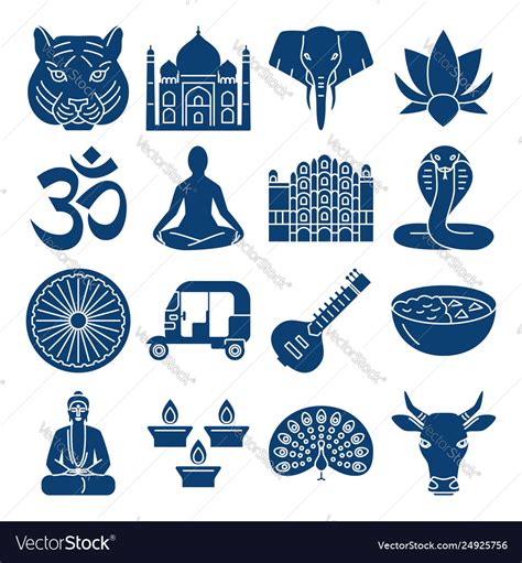 India national symbols silhouette icons set Vector Image