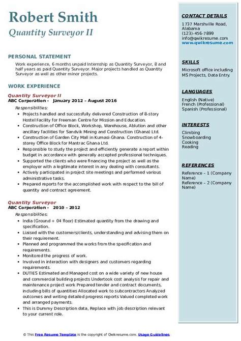 Cv Template Quantity Surveyor | Free Resume Templates