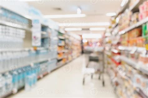 Empty supermarket aisle with product on shelves blurred background ...