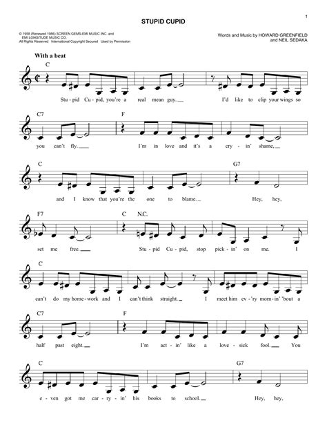 Stupid Cupid Sheet Music | Connie Francis | Melody Line, Lyrics & Chords