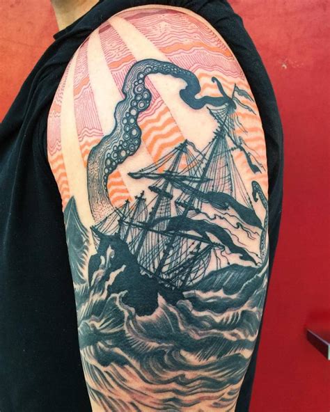 Illustrative style Sailing ship and Kraken tattoo on