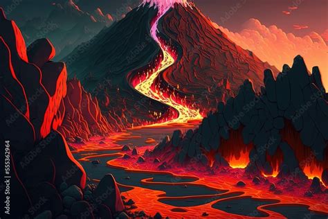 Animated lava flows and a cartoon volcanic landscape. Generative AI Stock Illustration | Adobe Stock